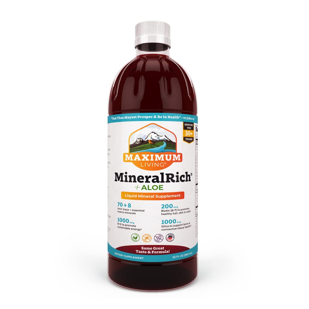 Maximum Living MineralRich bottle pour shows a ready-to-use mineral blend for daily energy