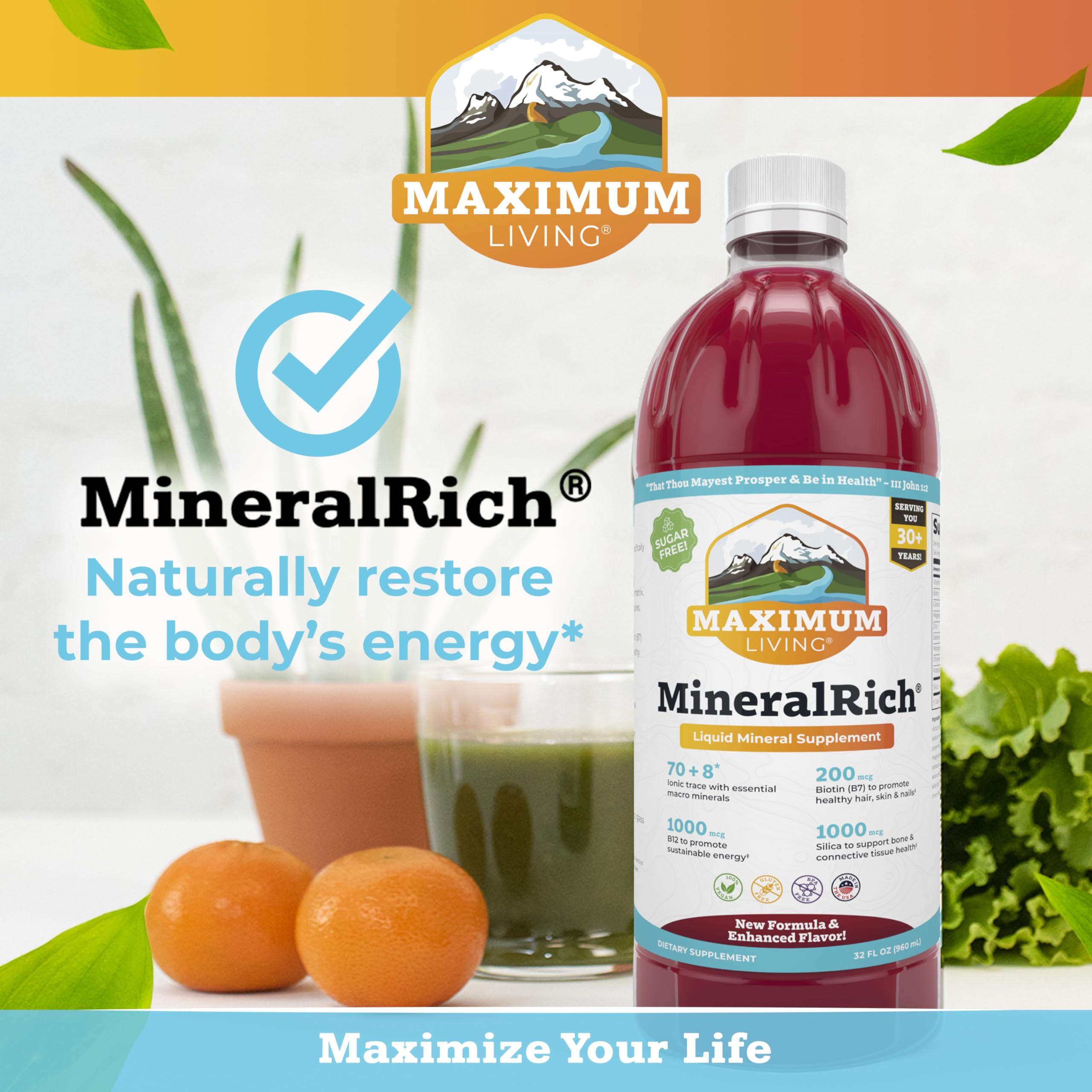 Maximum Living MineralRich glass with water emphasizing sugar-free convenience