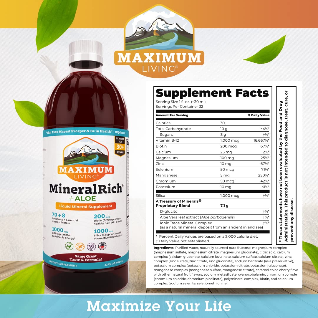 Maximum Living MineralRich ingredients panel reveals 70+ minerals and B-12 content