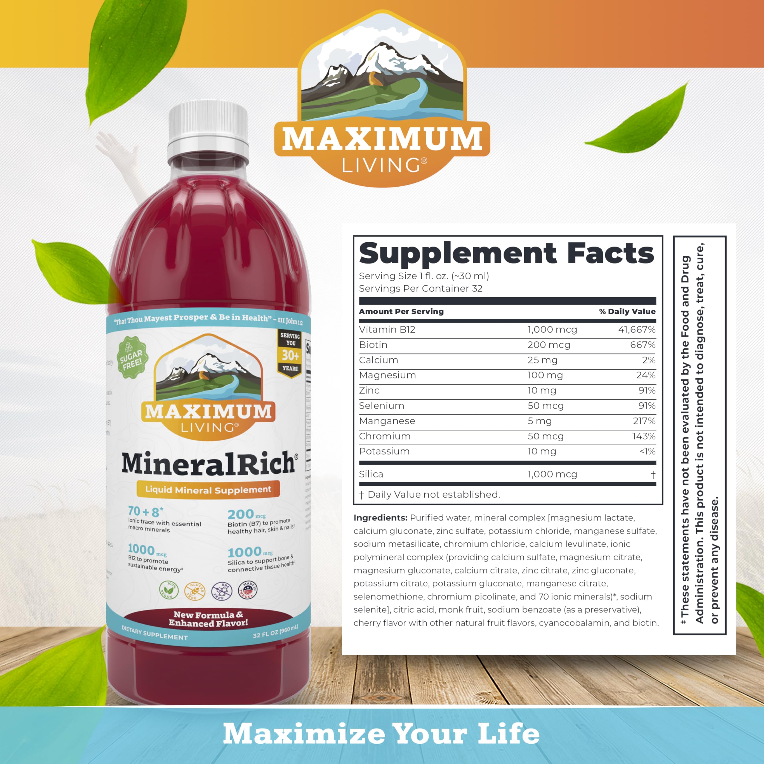 Maximum Living MineralRich label close-up highlighting monk fruit sweetness