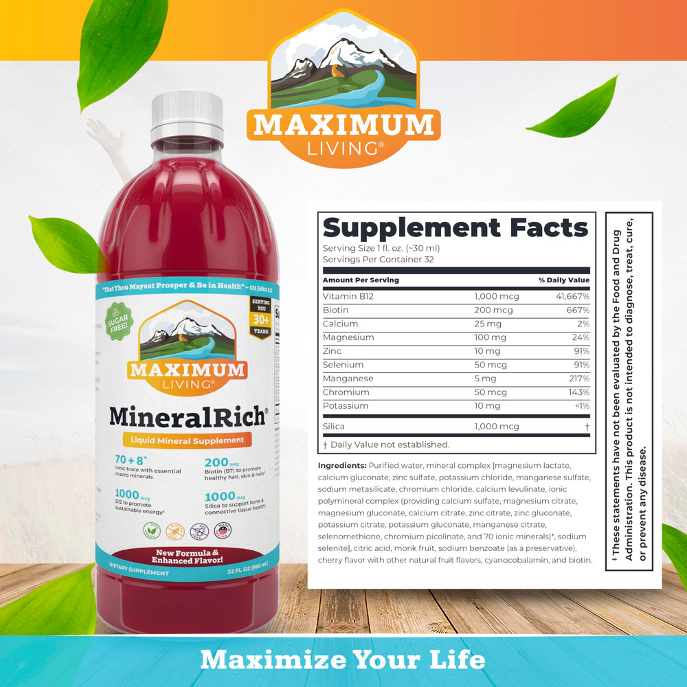 Maximum Living MineralRich label close-up highlighting monk fruit sweetness