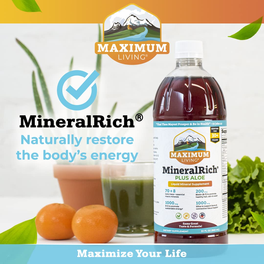 Maximum Living MineralRich product photo emphasizes Biotin for hair and nails