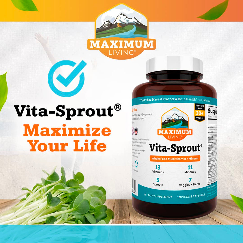 Maximum Living Vita-Sprout vegan ingredients badge communicates GMO-free vegetables
