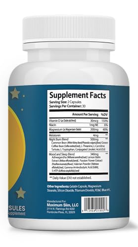 Maximum Slim Nighttime label design highlighting natural ingredients and clean formula benefits.