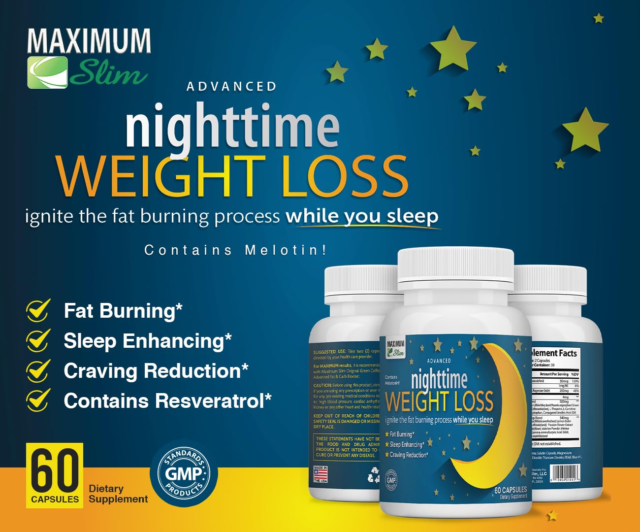 Maximum Slim Nighttime packaging on shelf highlighting vegan, non-GMO, gluten-free features.