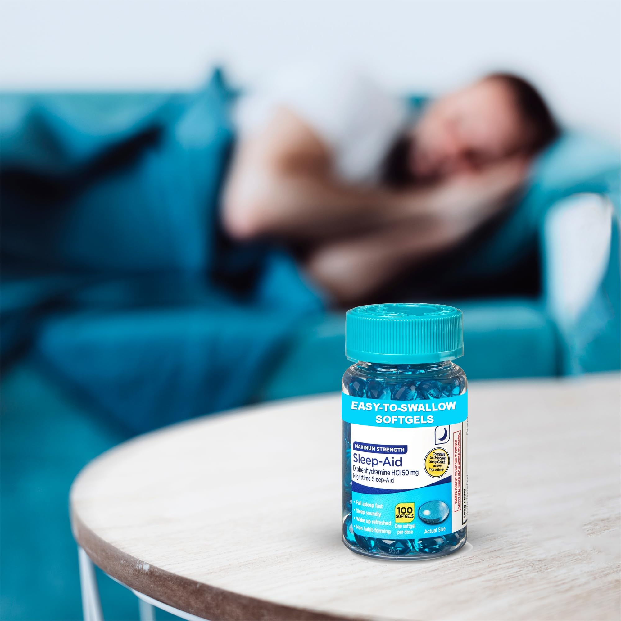 Maximum Strength Sleep-Aid Softgels 100-count bottle on nightstand ready for bedtime use