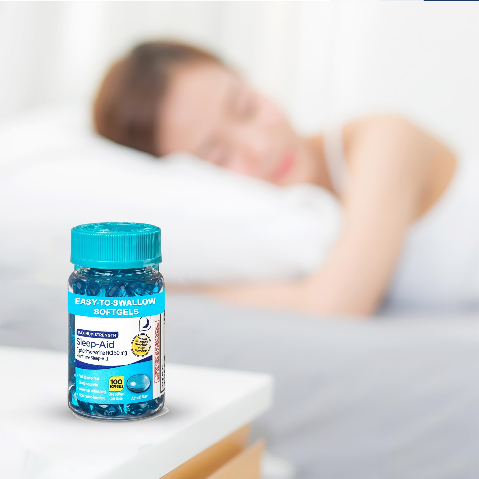 Maximum Strength Sleep-Aid Softgels dosing illustration showing one softgel
