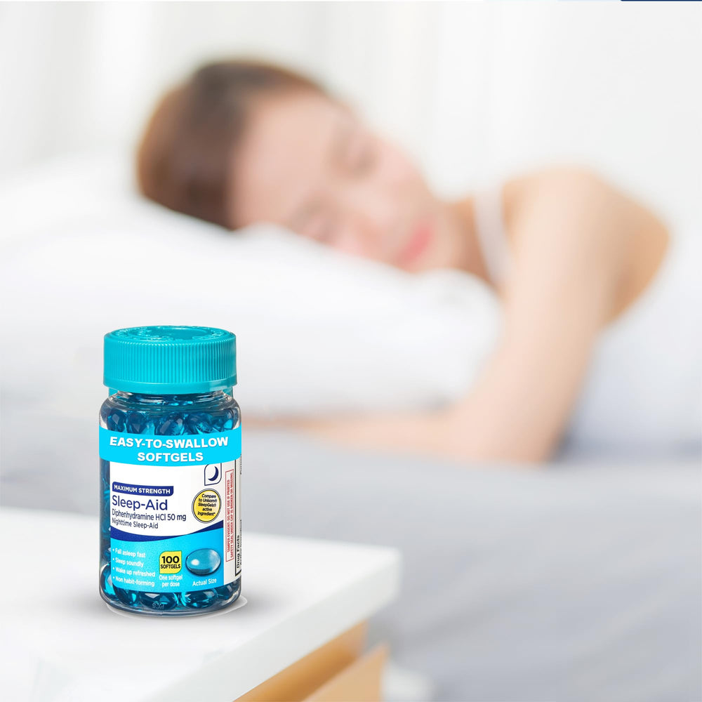 Maximum Strength Sleep-Aid Softgels dosing illustration showing one softgel