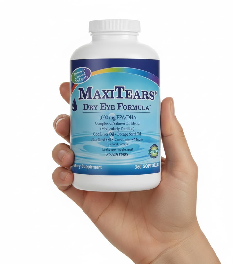 MaxiTears label close-up showing omega-3 to omega-6 balance guidance.