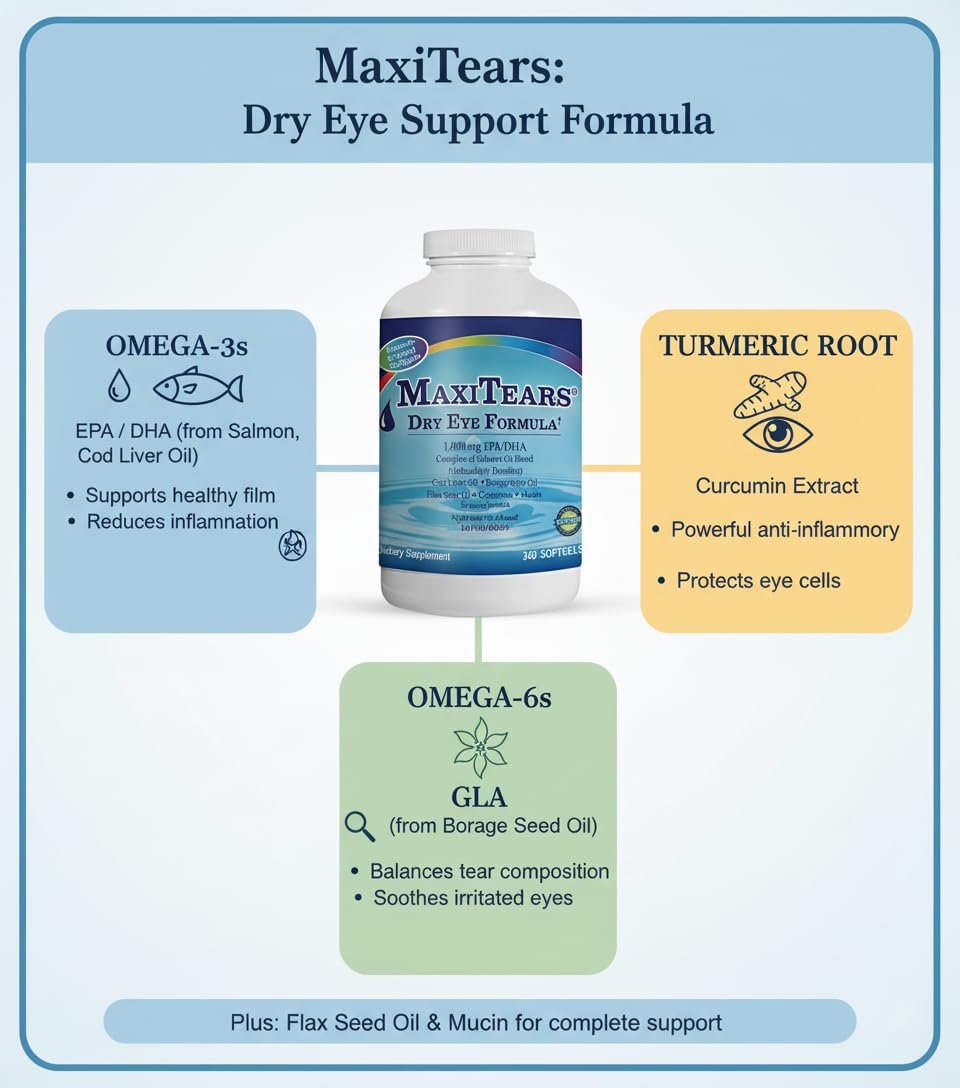 MaxiTears serving suggestion demonstrating four softgels per meal.