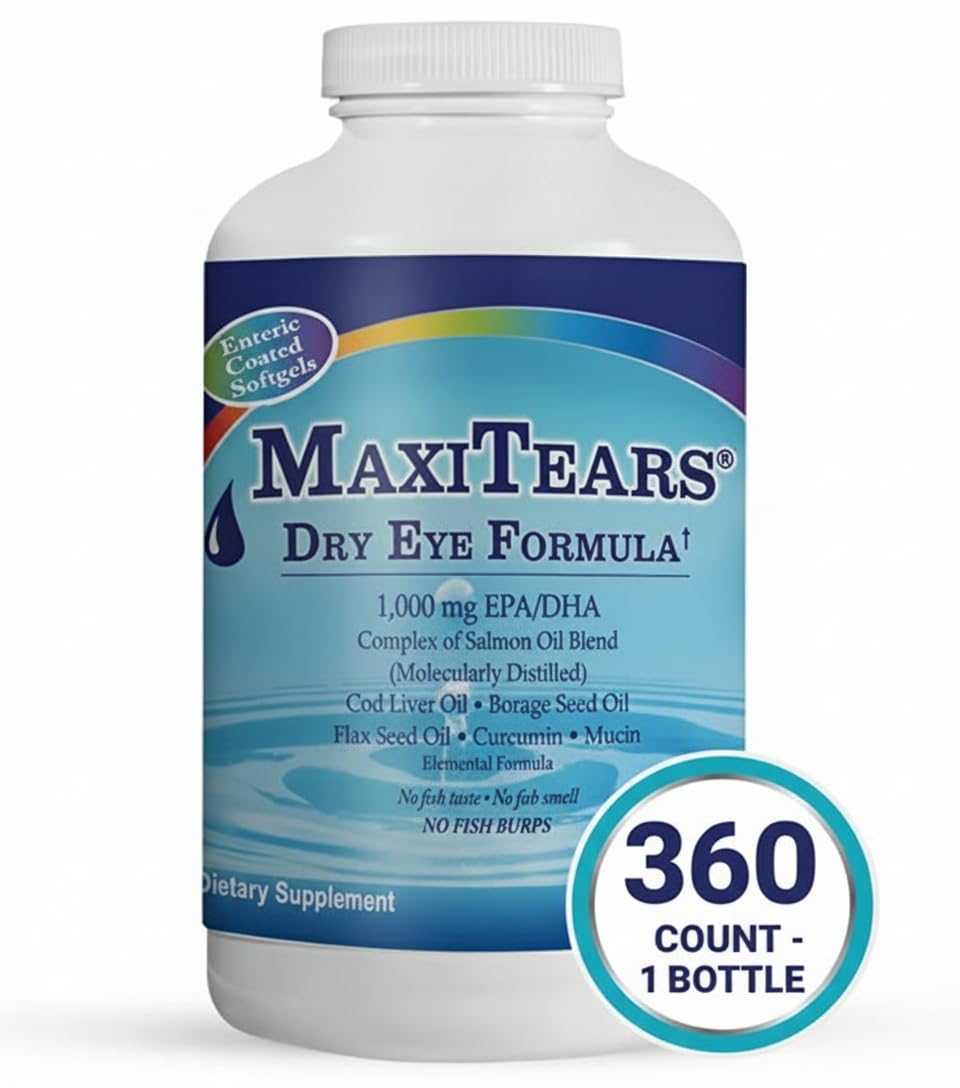 MaxiTears enteric-coated softgels with reduced aftertaste and omega-3 nutrients.