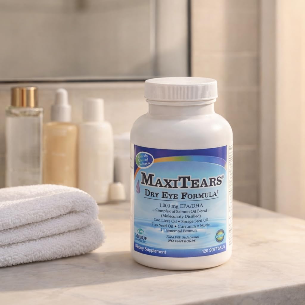 MaxiTears MedOp dietary supplement placed on a clean bathroom shelf.