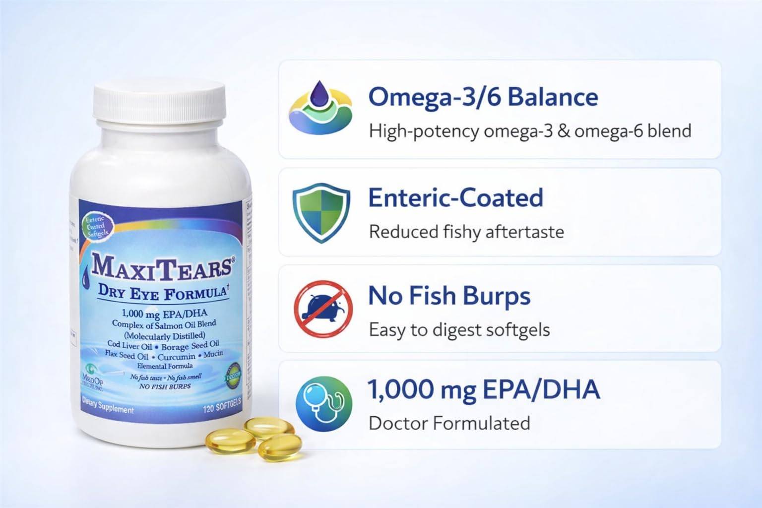 MaxiTears MedOp pour shot illustrating easy-to-swallow softgels.