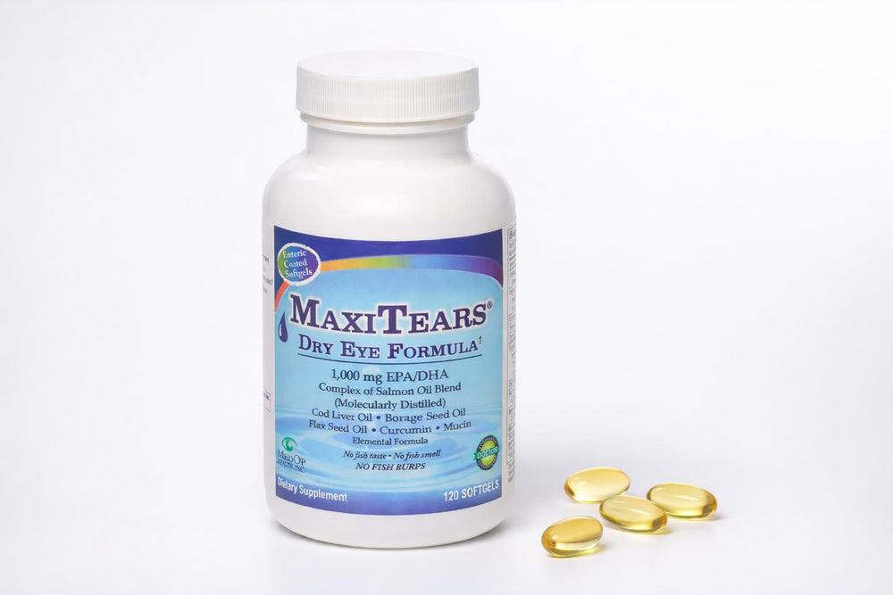 MaxiTears MedOp softgel capsules balanced for potential tear production support.
