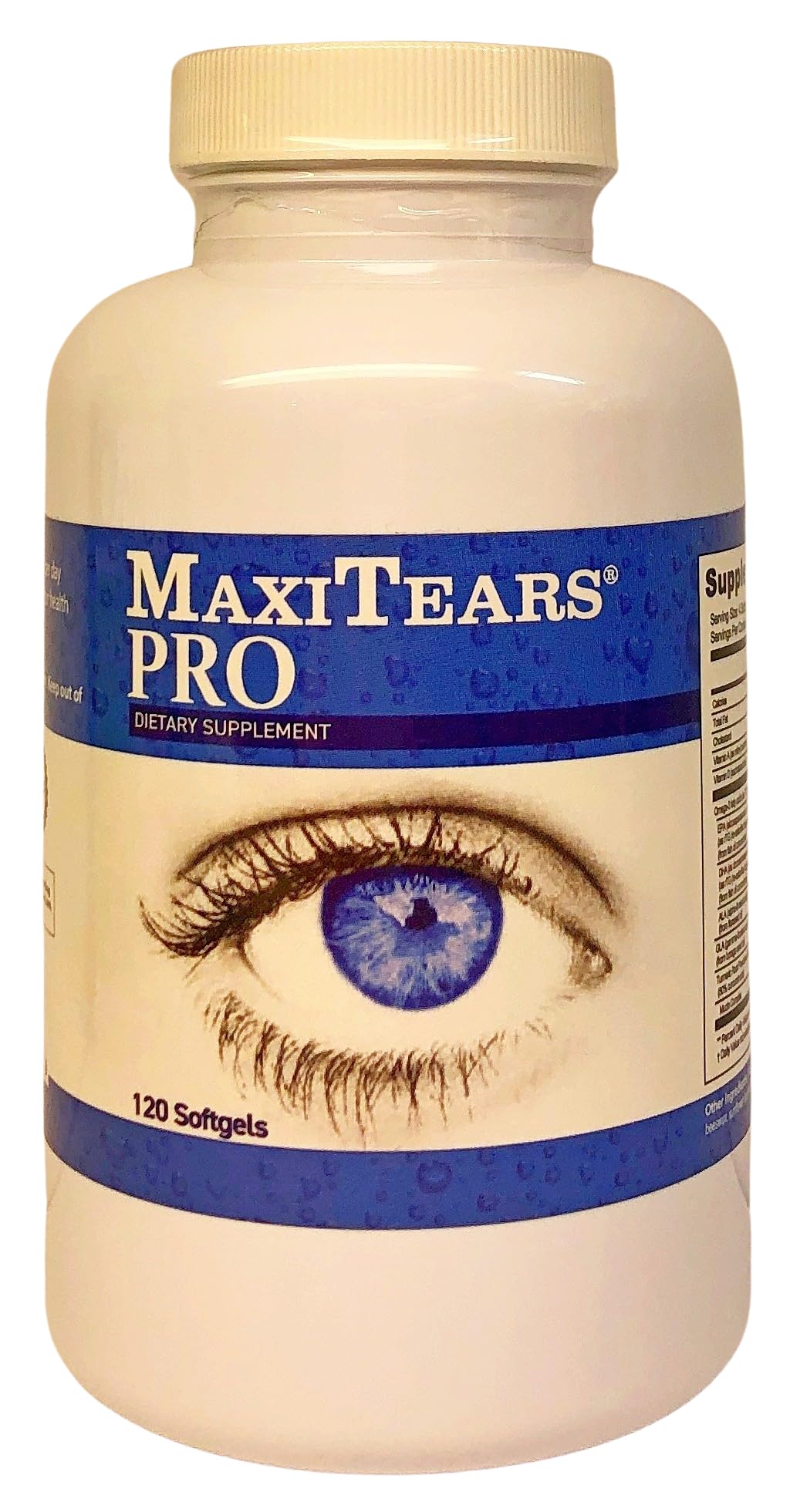MaxiTears MedOp Pro bottle front view with 120 mint-coated softgels for daily eye support