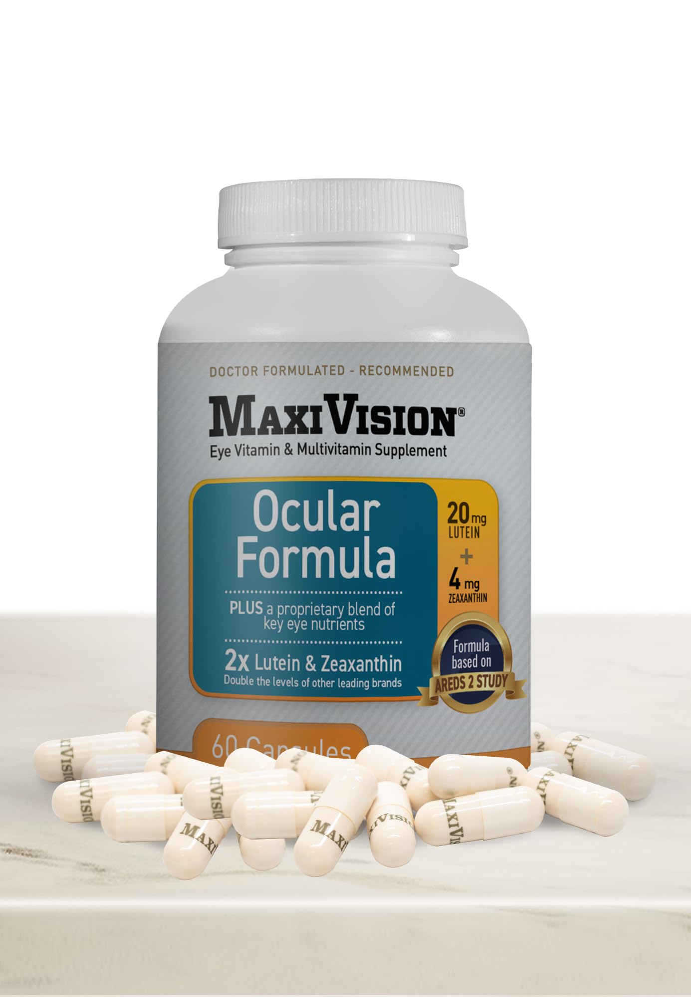 Close-up of MaxiVision label highlights AREDS2 ingredients for macular support.