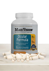 Close-up of MaxiVision label highlights AREDS2 ingredients for macular support.