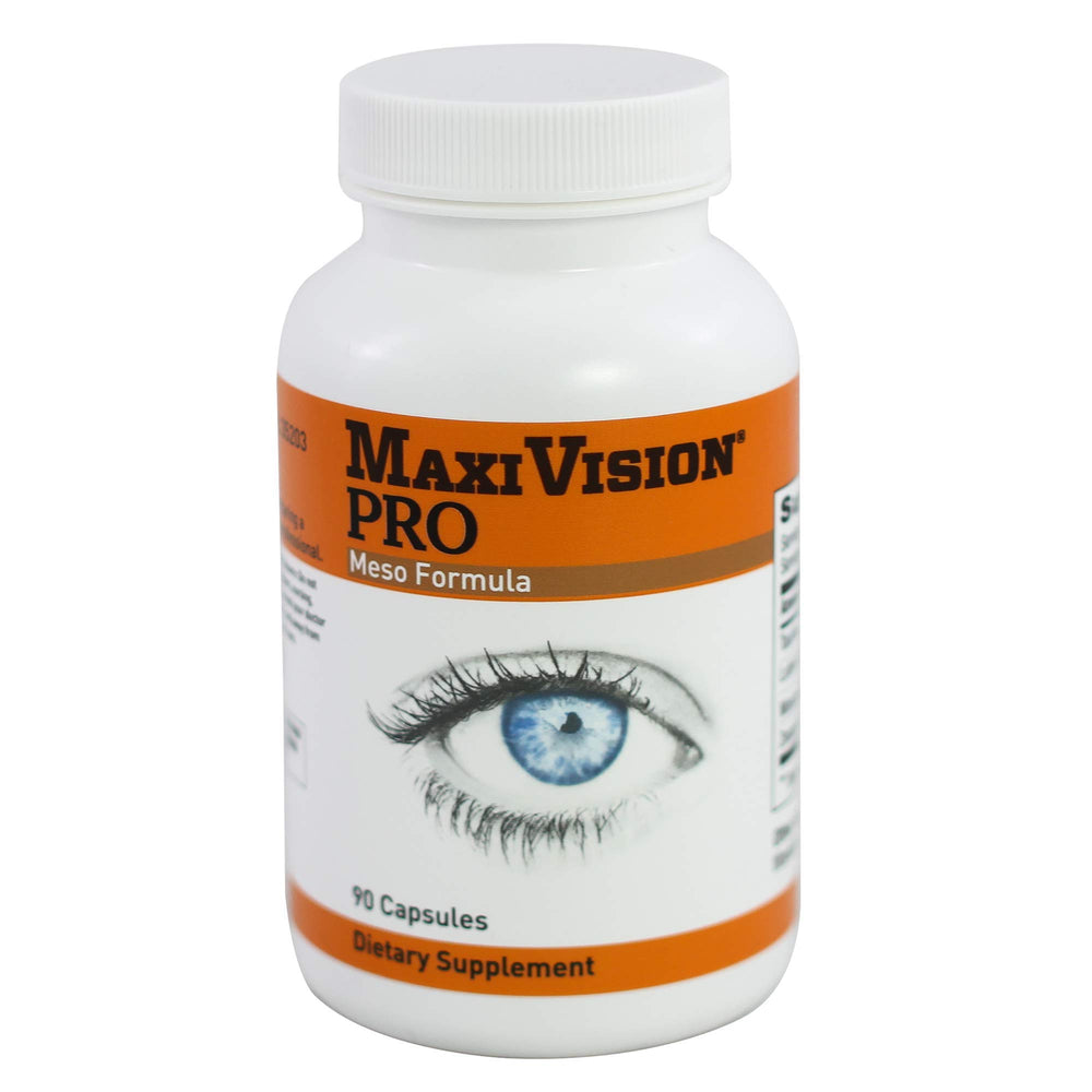 MaxiVision PRO Meso Formula bottle view showing capsules for daily blue-light protection.