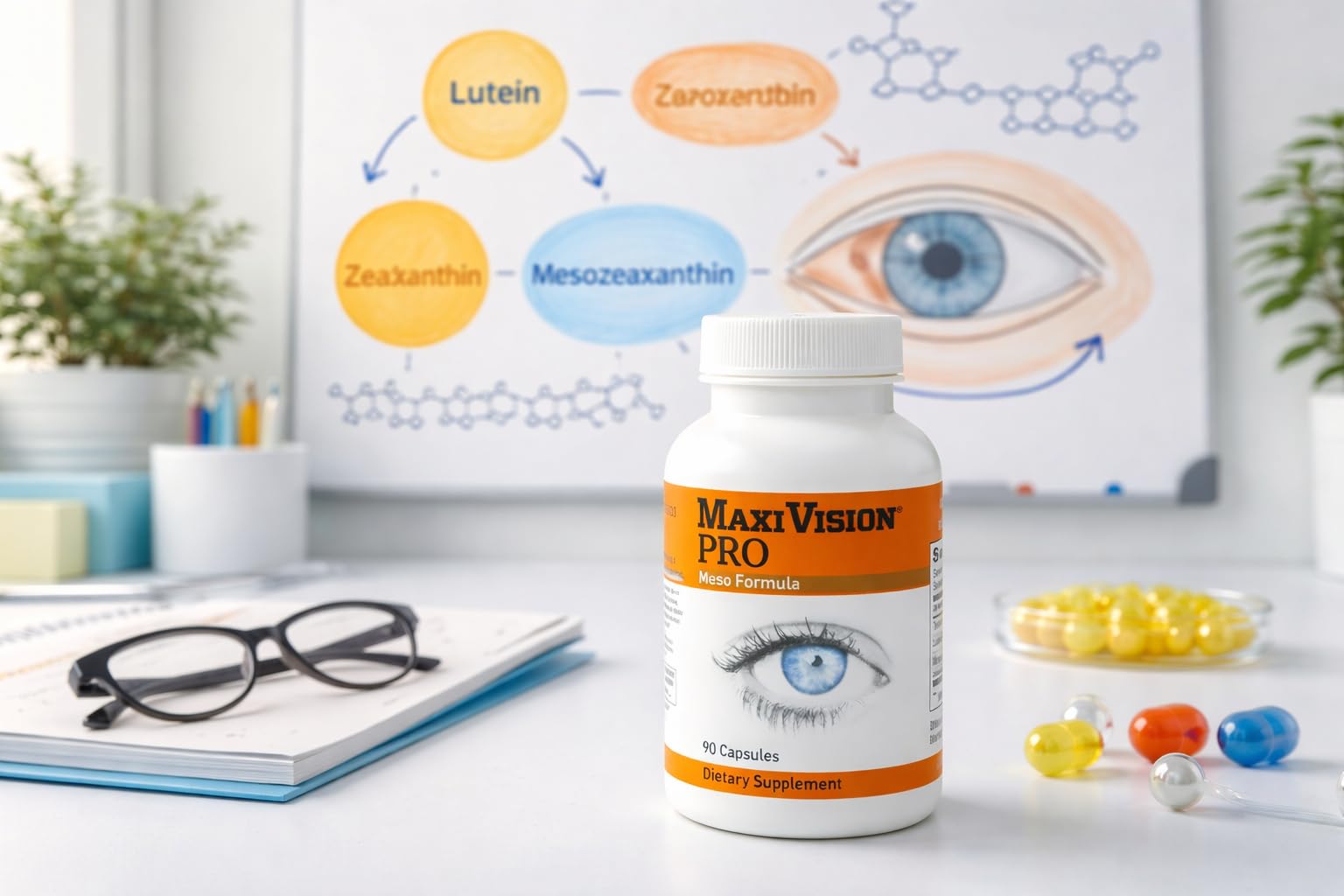 MaxiVision PRO Meso Formula dosage capsules aligned with the bottle for easy daily routines.