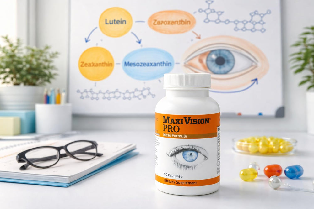MaxiVision PRO Meso Formula dosage capsules aligned with the bottle for easy daily routines.