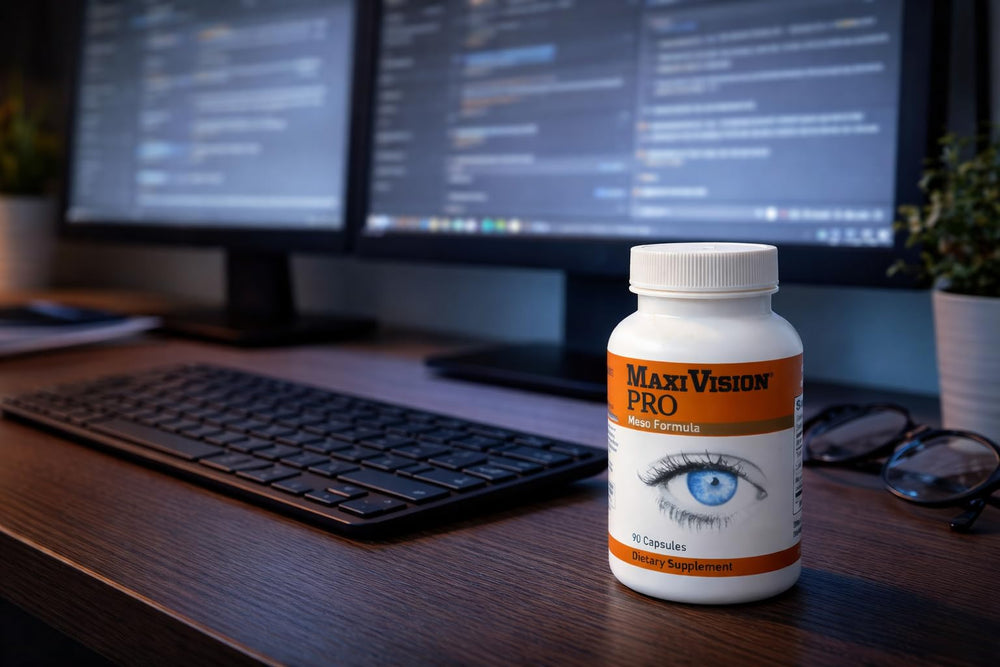 MaxiVision PRO Meso Formula ingredients list photo emphasizing inner-eye carotenoids for protection.