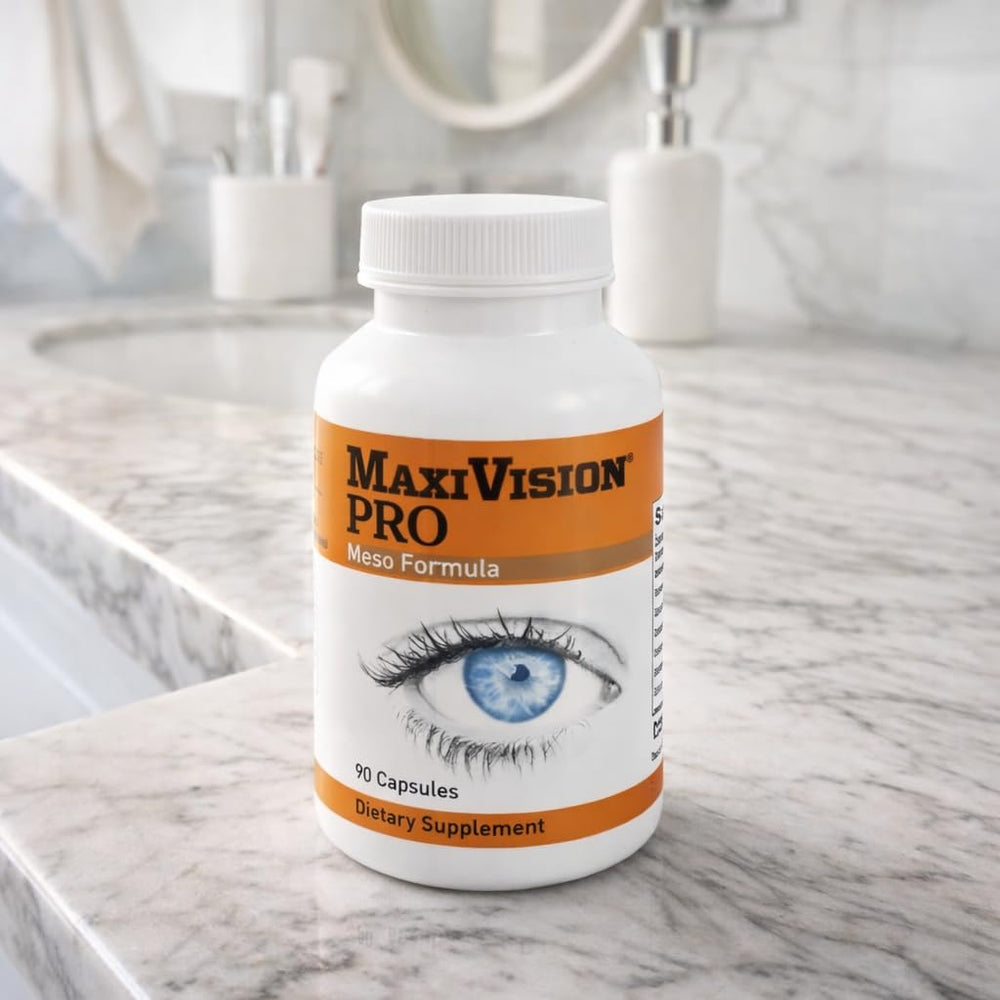 MaxiVision PRO Meso Formula packaging front conveys premium eye nutrition for daytime screen use.