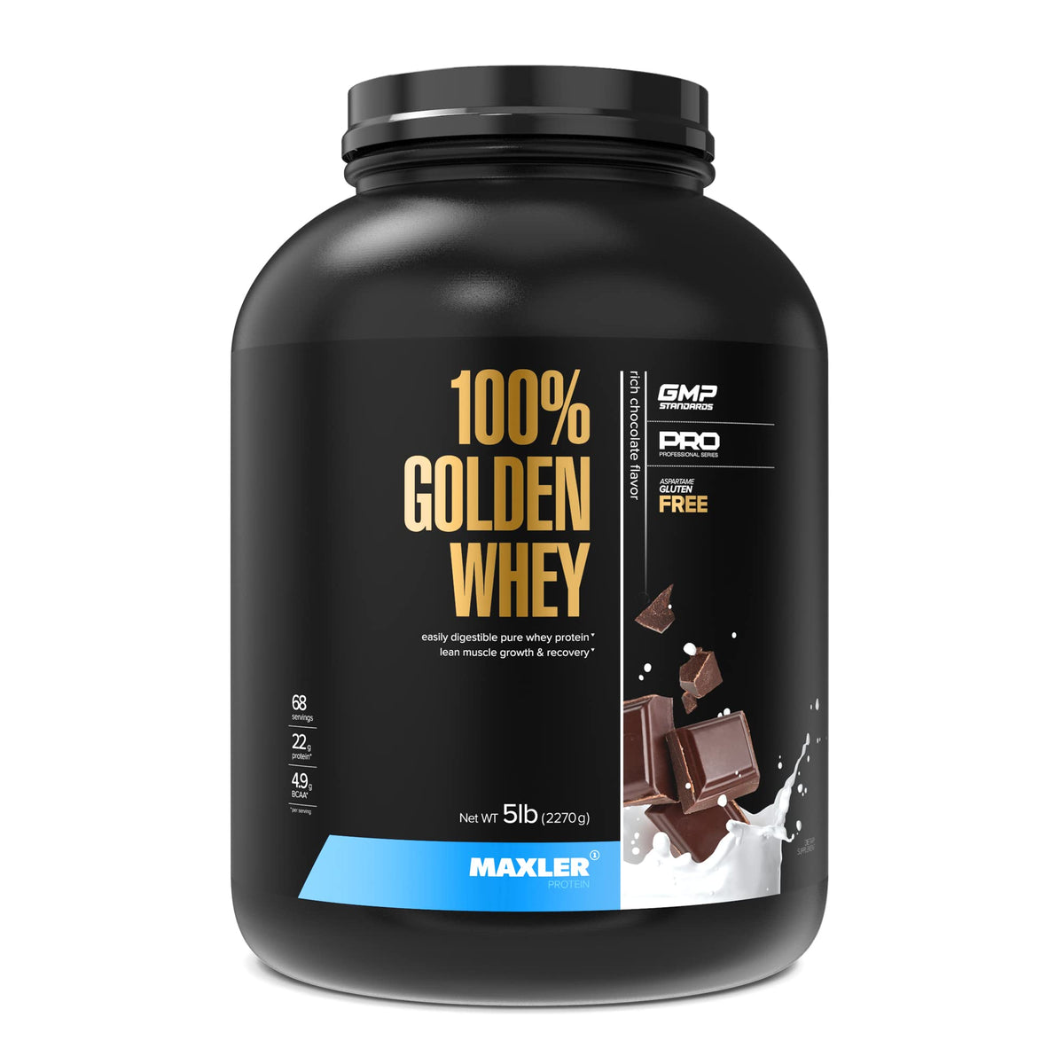 Maxler 100% Golden Whey bottle demonstrates premium protein for convenient daily recovery support.
