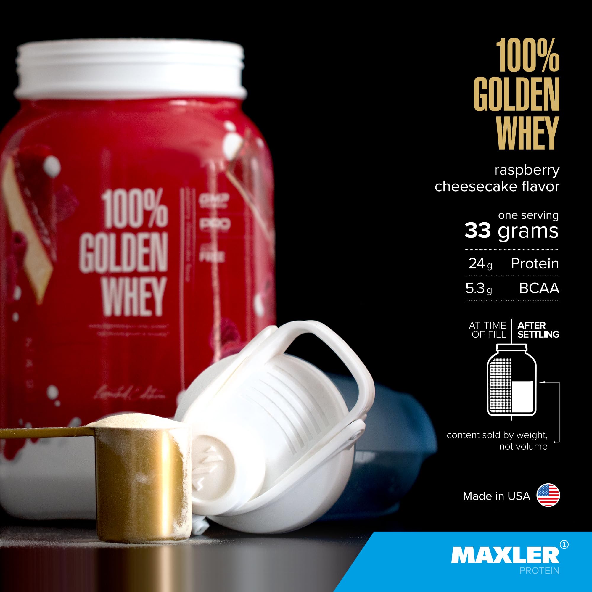 Maxler scoop measuring 24 g protein per serving, easy to portion.