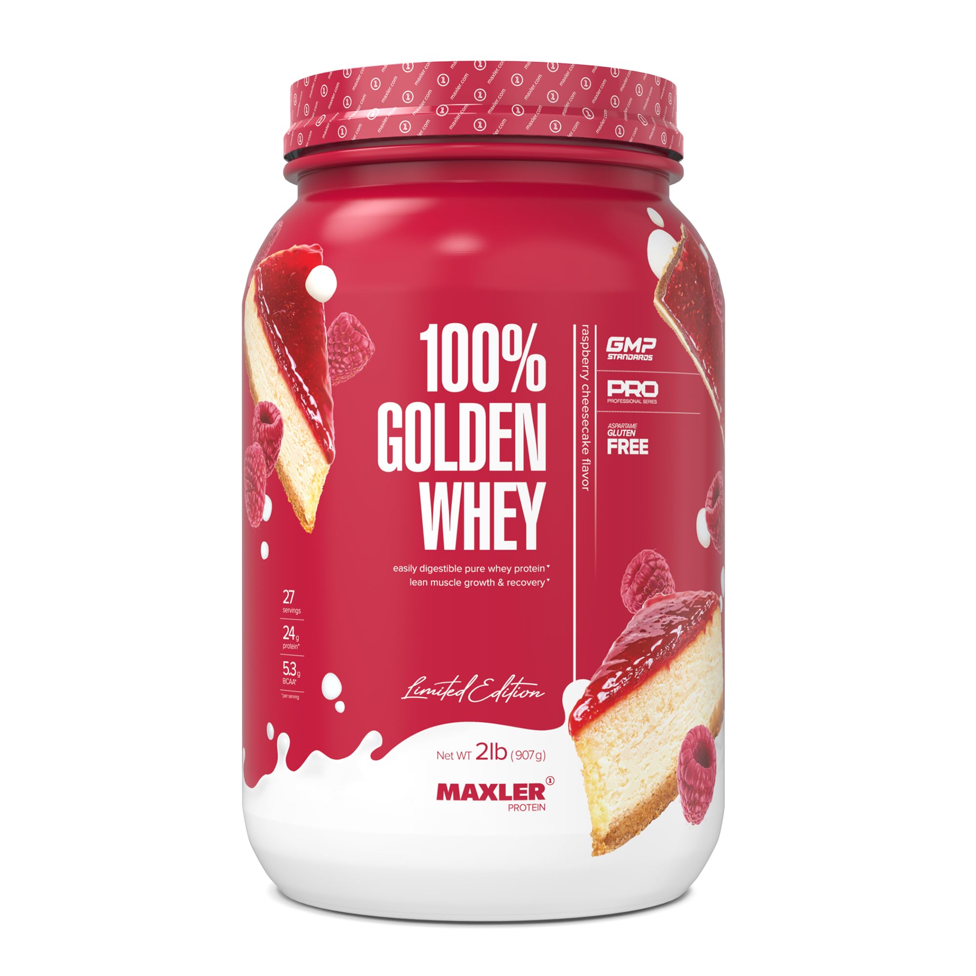 Maxler 100% Golden Whey Raspberry Cheesecake tub, protein-packed for daily fueling.