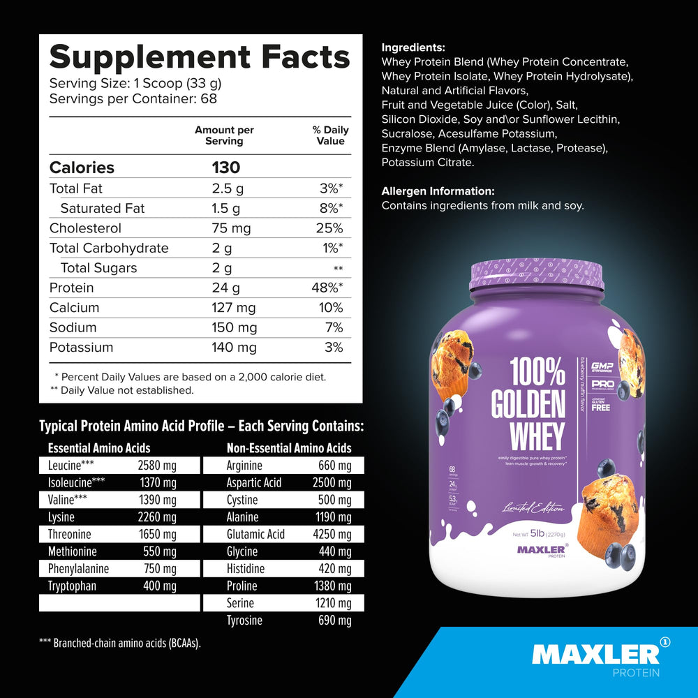 Maxler 100% Golden Whey powder blends well in milk or water for baking.
