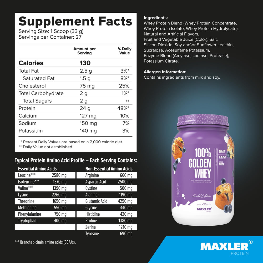 Maxler 100% Golden Whey blueberry muffin container highlights low sugar and calories