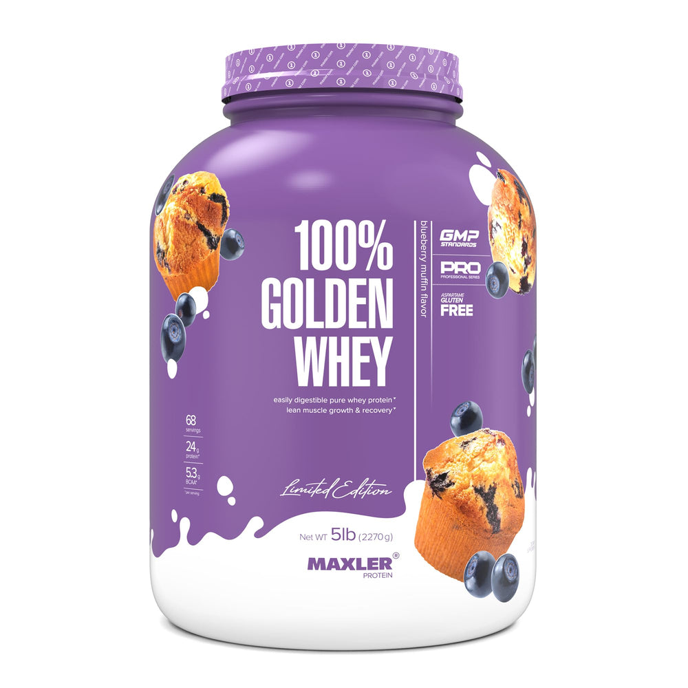 Maxler 100% Golden Whey blueberry muffin bottle promotes convenient post-workout fueling.