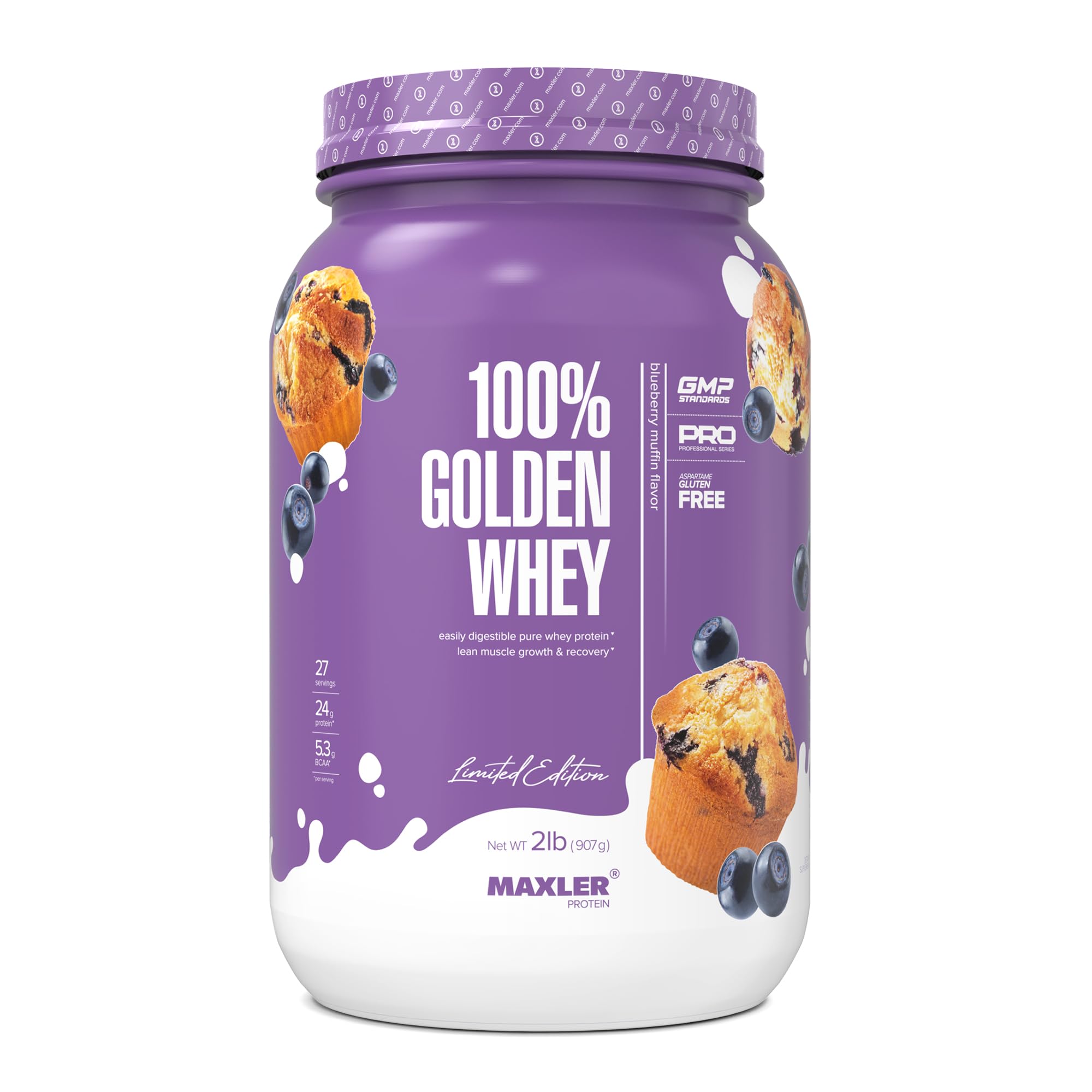 Maxler 100% Golden Whey blueberry muffin powder bottle close-up for post-workout recovery