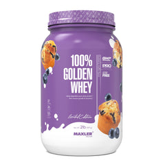 Maxler 100% Golden Whey blueberry muffin powder bottle close-up for post-workout recovery