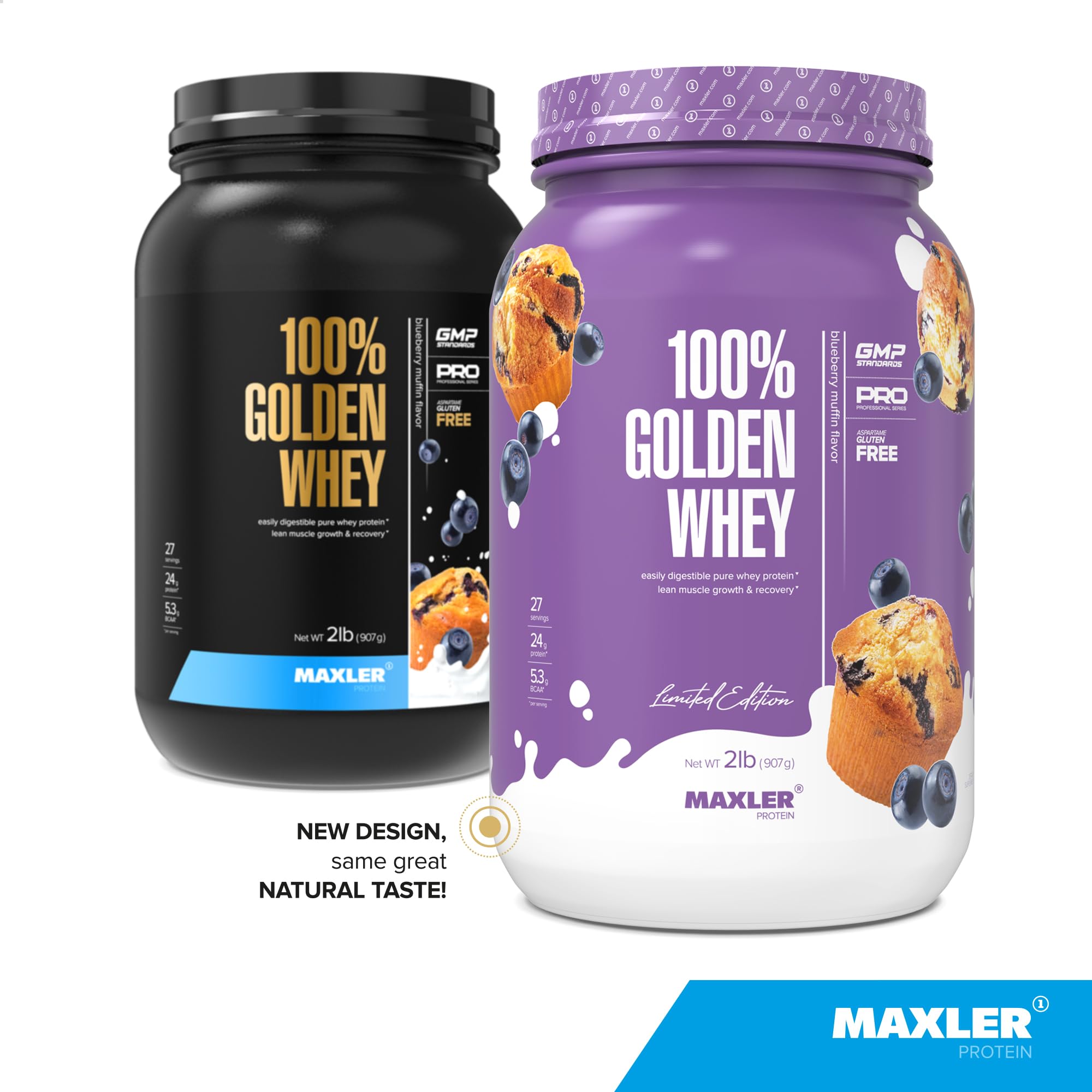 Maxler 100% Golden Whey blueberry muffin scoop with milk for easy mixing