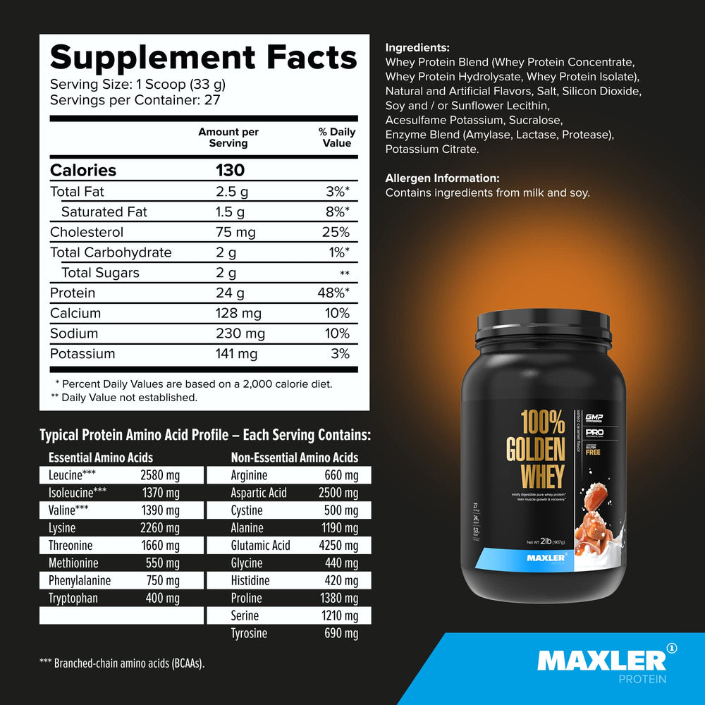 Label of Maxler 100% Golden Whey digestive enzymes blend for easier digestion