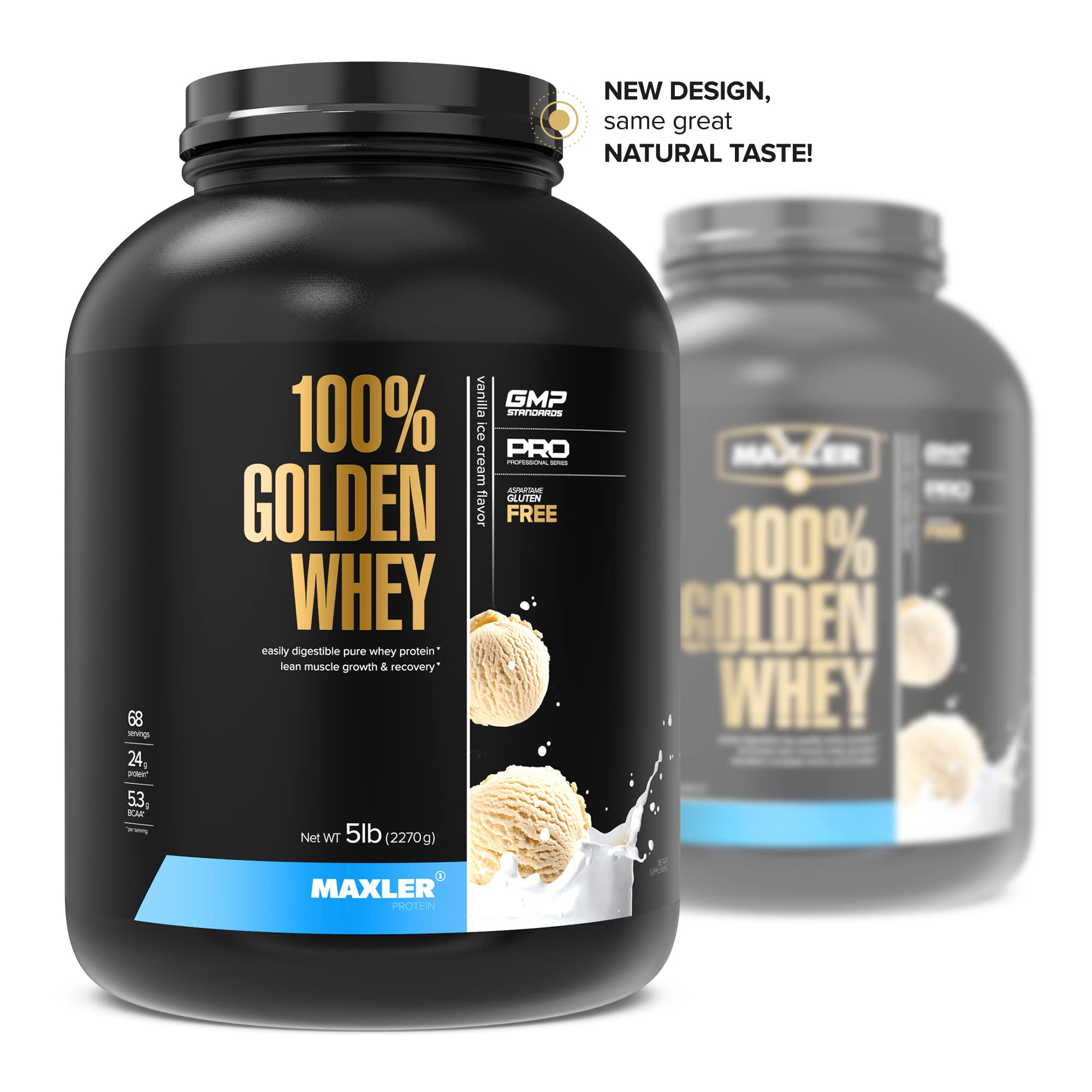 Close-up of Maxler 100% Golden Whey label highlighting nutrition and ingredients