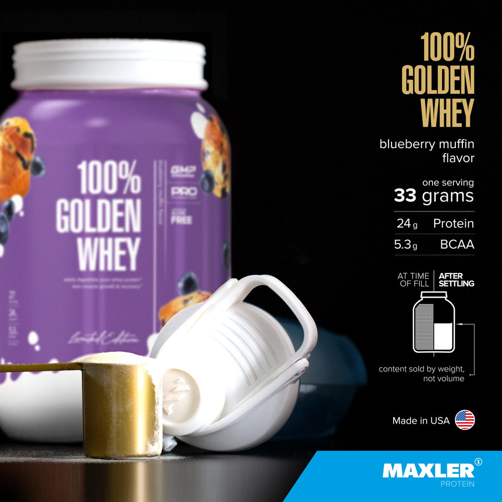 Maxler 100% Golden Whey label close-up showcases GMP-compliant manufacturing.