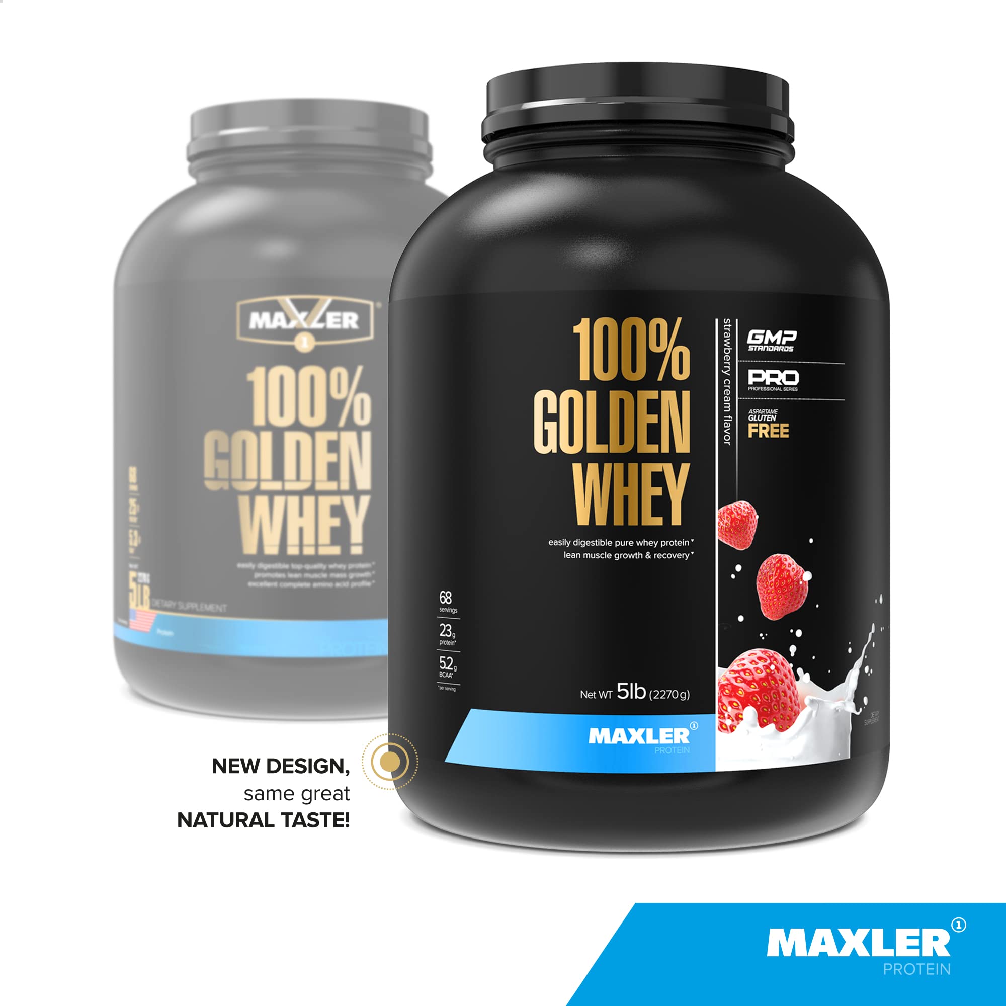 Maxler 100% Golden Whey scoop beside powder for a quick post-workout shake.