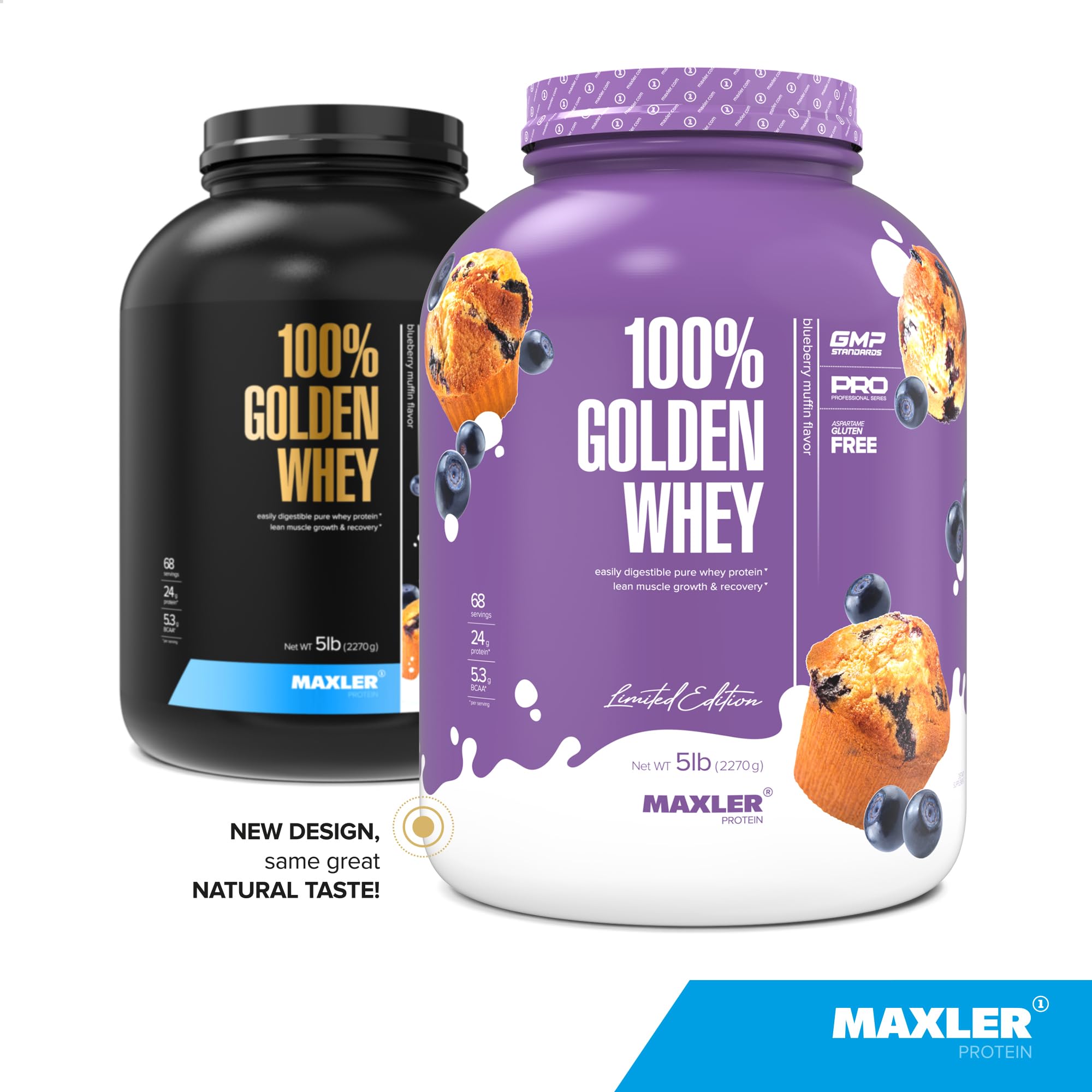 Maxler 100% Golden Whey scoop beside powder highlights fast mixability.