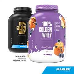 Maxler 100% Golden Whey scoop beside powder highlights fast mixability.