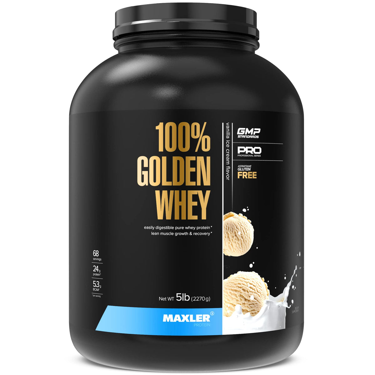 Maxler 100% Golden Whey vanilla ice cream canister for a high-protein shake option