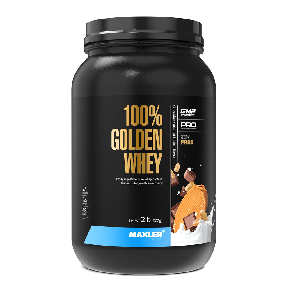 Maxler 100% Golden Whey bottle highlighting high-protein formula for post-workout recovery.