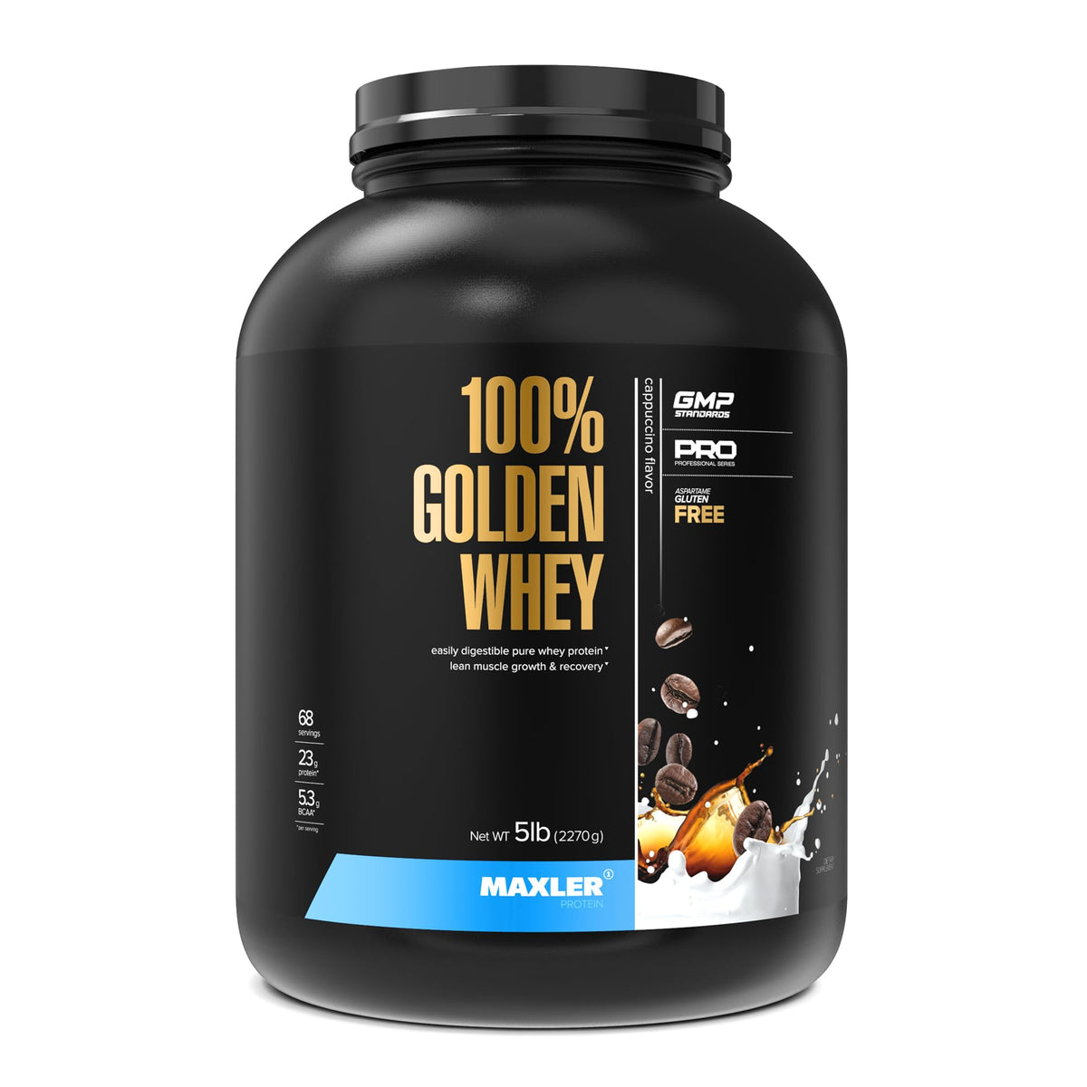 Maxler 100% Golden Whey cappuccino tub for rich flavor and simple post-workout fueling.