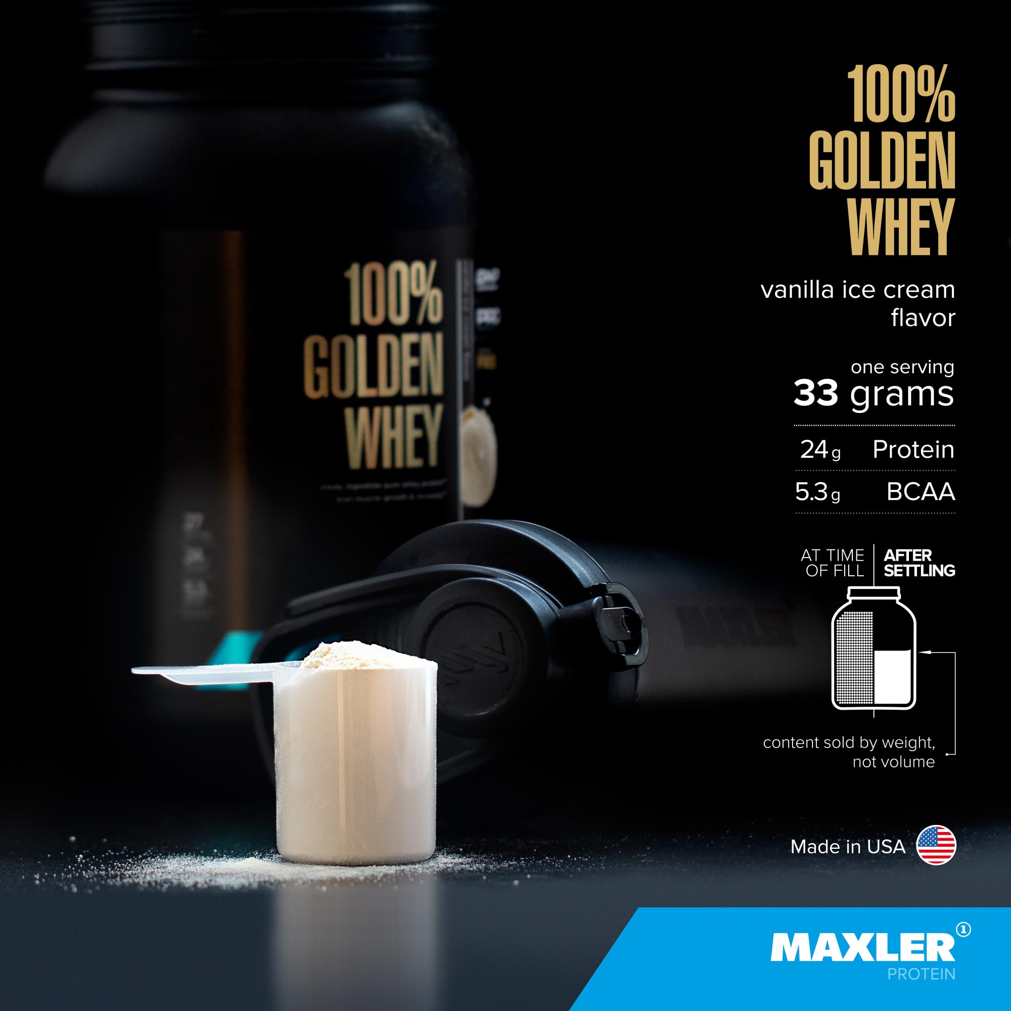Maxler 100% Golden Whey enzymes blend highlights digestion support.