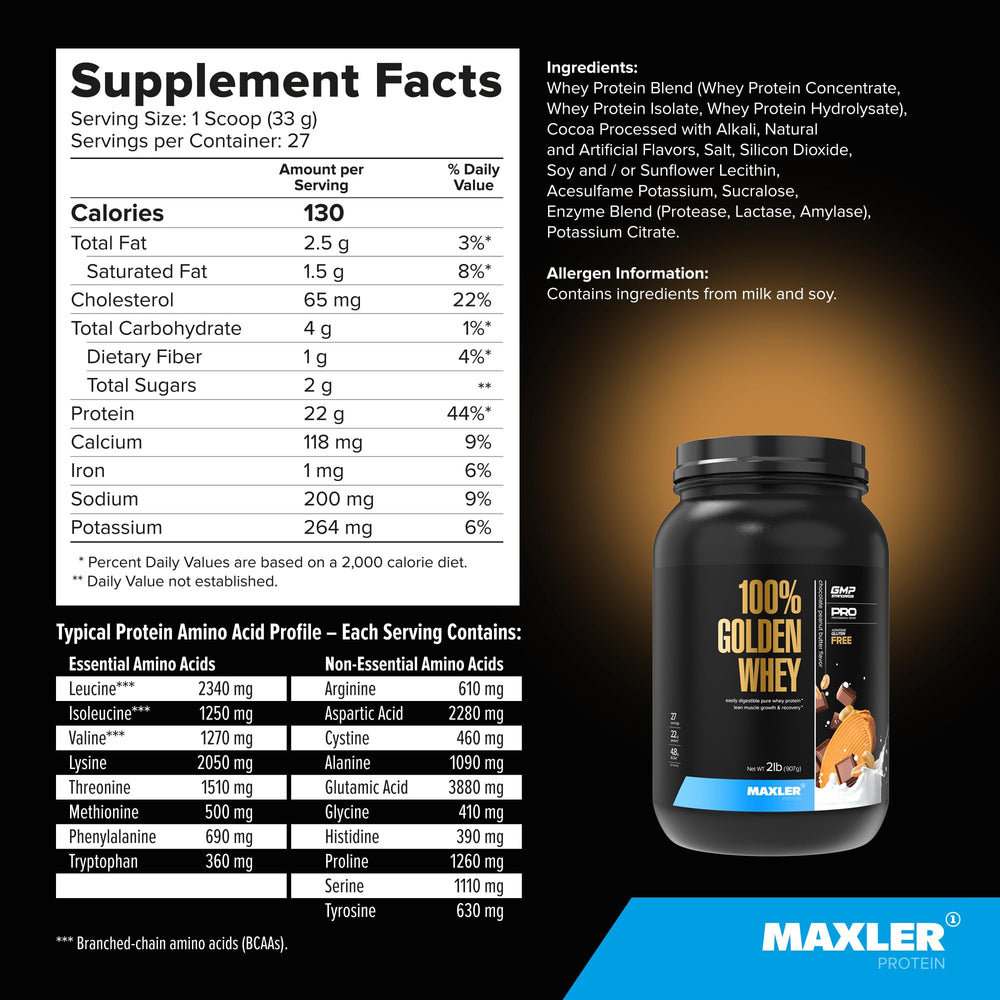 Maxler 100% Golden Whey ingredients show concentrate, isolate, and hydrolysate blend.