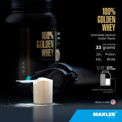 Maxler 100% Golden Whey packaging emphasizes USA-made quality and GMP standards.
