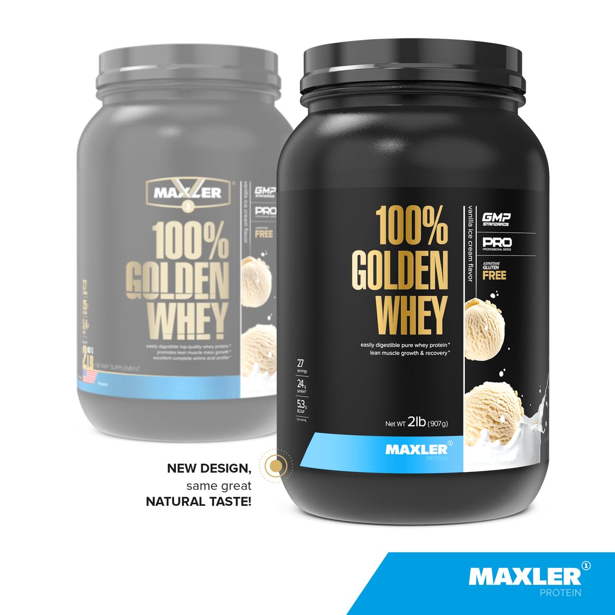 Maxler 100% Golden Whey powder scoop for easy serving.
