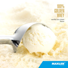 Maxler 100% Golden Whey shake glass showcasing smooth mix.