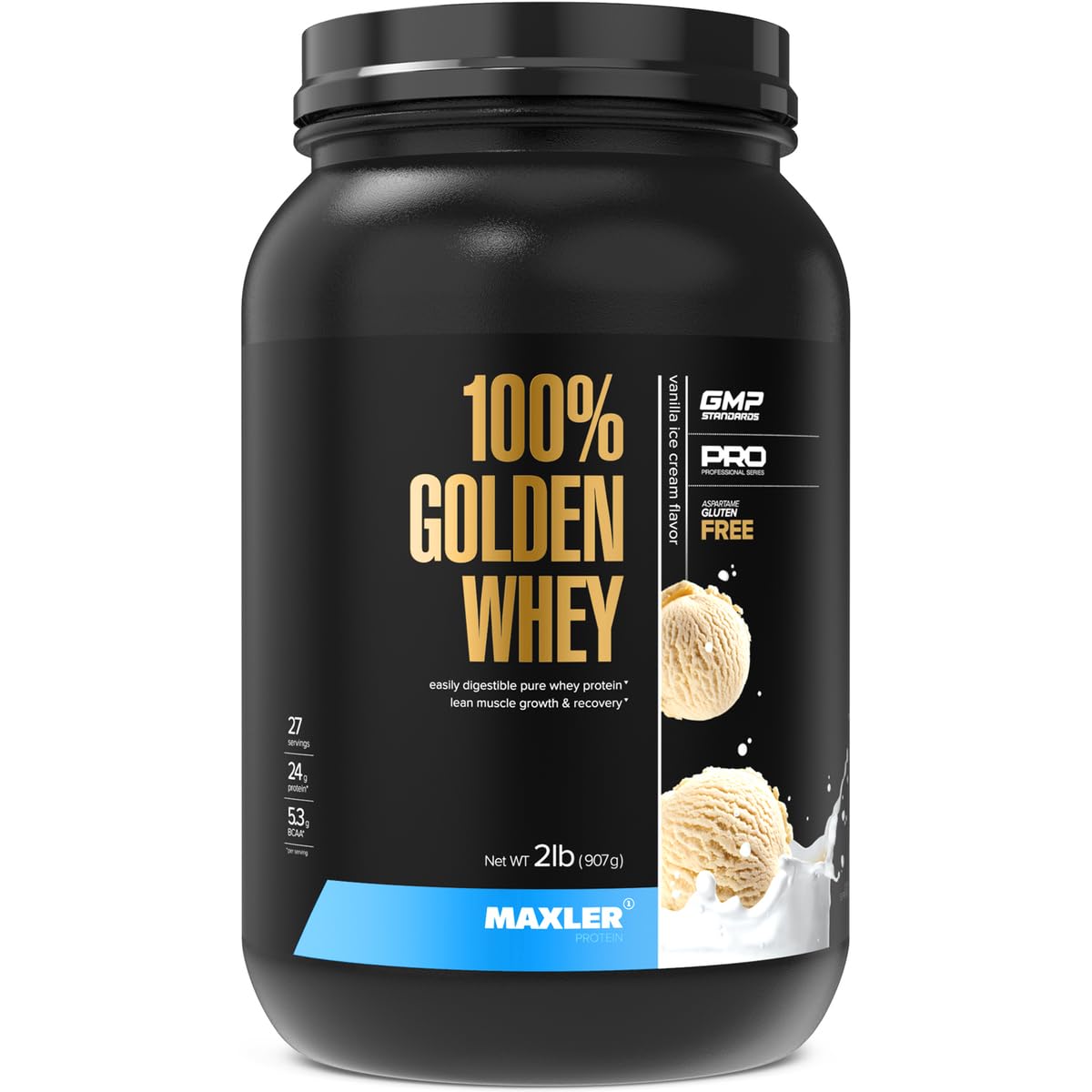 Maxler 100% Golden Whey Vanilla Ice Cream bottle for daily recovery.